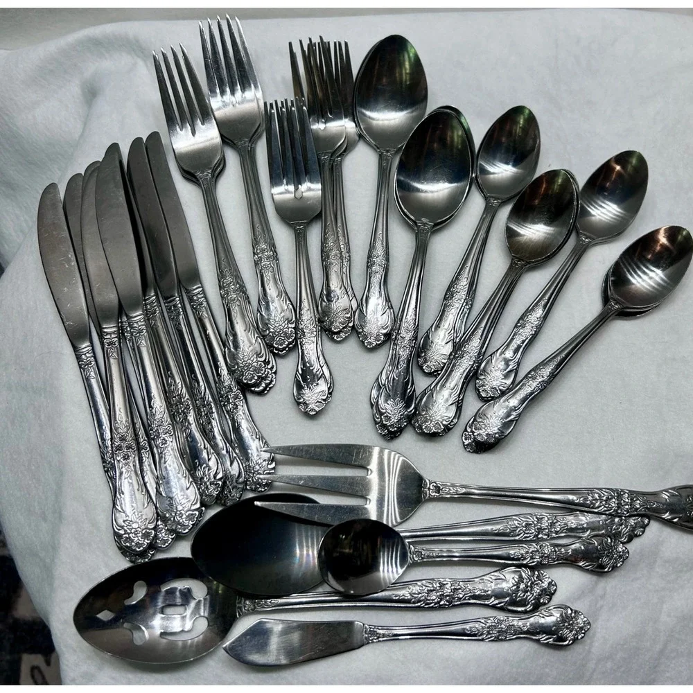 Rogers Precious Rose Pattern Stainless Flatware Set 53pc Service for 8 plus